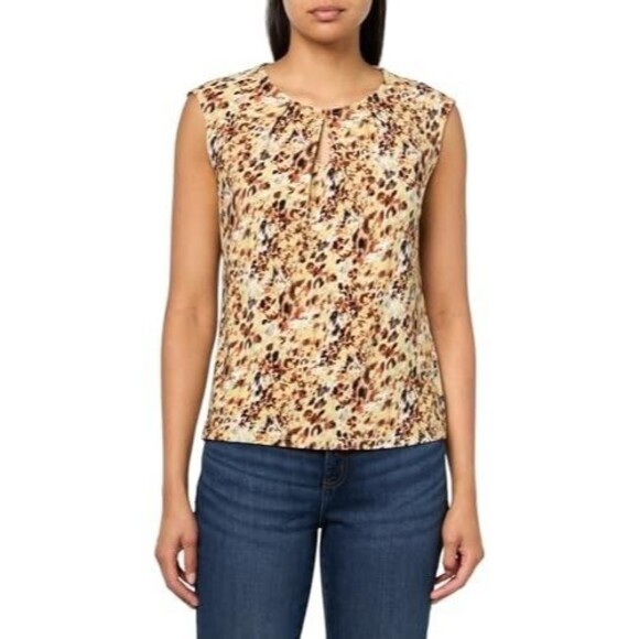 Kasper Plus Size Printed Pleated Keyhole Blouse,  Dffdl/Vanilla Ice Multi, 2X - Picture 1 of 3